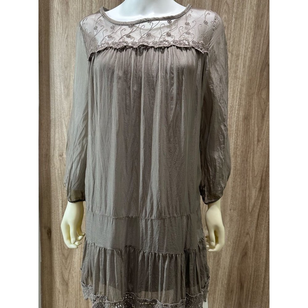 Prontomoda Giusy Women’s Medium Dress Green Fango 100% Silk Crochet NEW